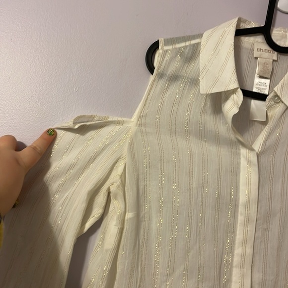 Chico’s Cream with Metallic Gold Stripe Cold Shoulder Long Sleeve Button Blouse - Picture 7 of 16